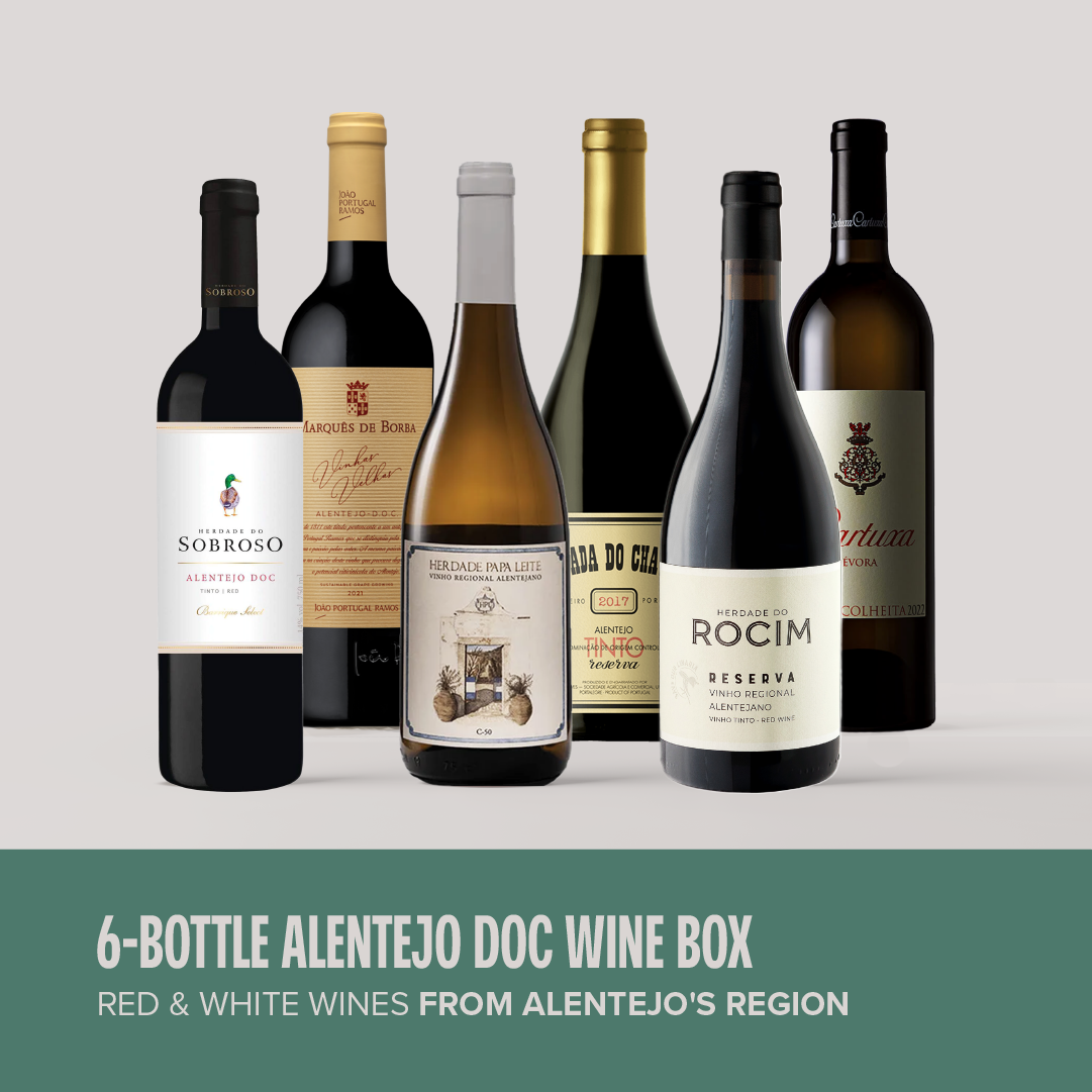 6 bottles of wine from the Alentejo region, including: Marquês de Borba Vinhas Velhas, Cartuxa Branco, Herdade do Sobroso Tinto, Tapada do Chaves Tinto, Herdade do Rocim Tinto Reserva, Herdade Papa Leite C50