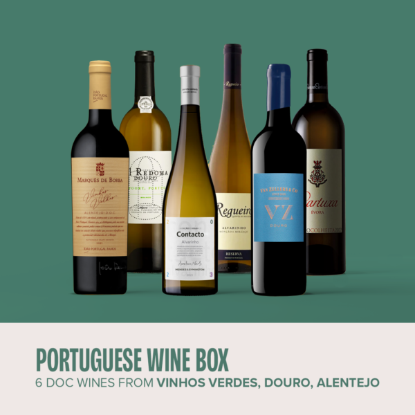 Box with six bottles of portuguese wine from the douro, alentejo and vinhos verdes region.